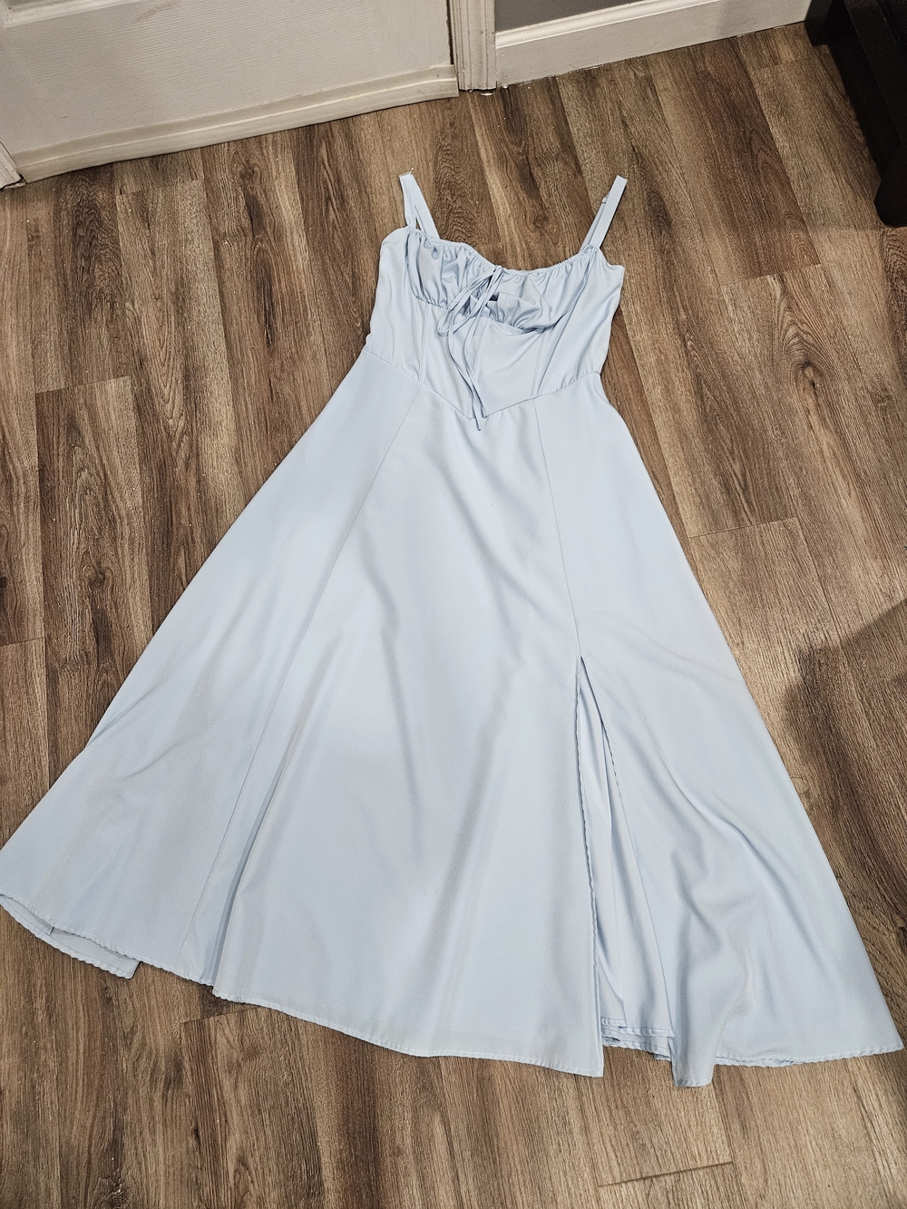 Satin Light Blue Midi Dress with Drawstring Bodice